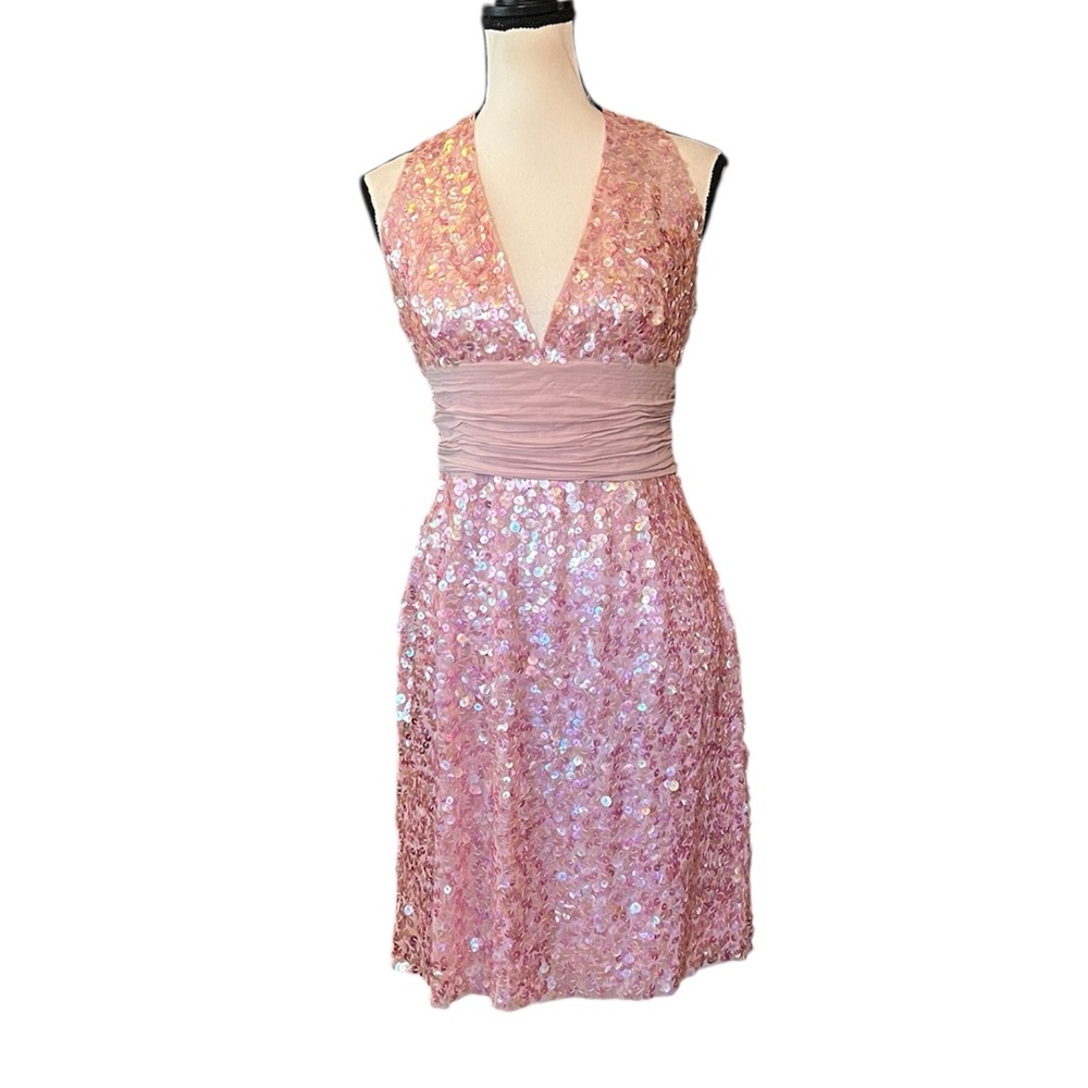 Vintage BCBGMAXAZRIA Pink Sheer Mesh Iridescent Sequin Club Party Dress